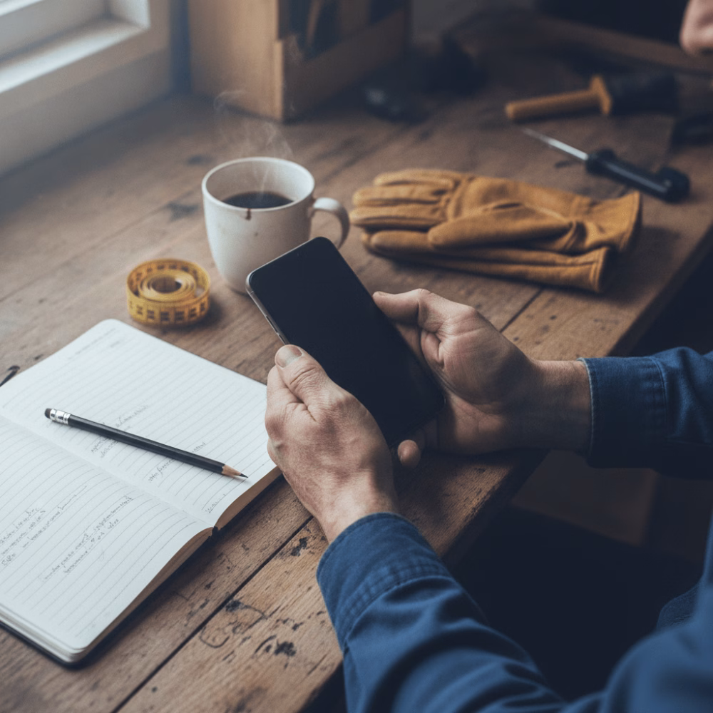 Mains d'artisan tenant smartphone avec carnet de rendez-vous pour communication client personnalisée